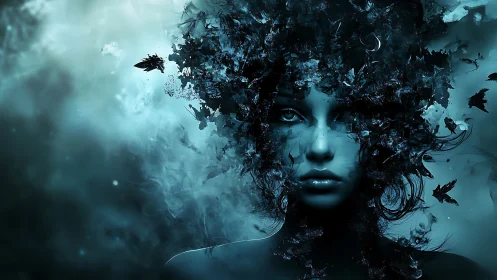 Fragmented ethereal portrait merges human visage and smoke shards