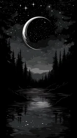 Crescent moon hangs above a forest river at night