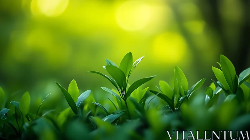Close view of green leaves against blurred light background.
