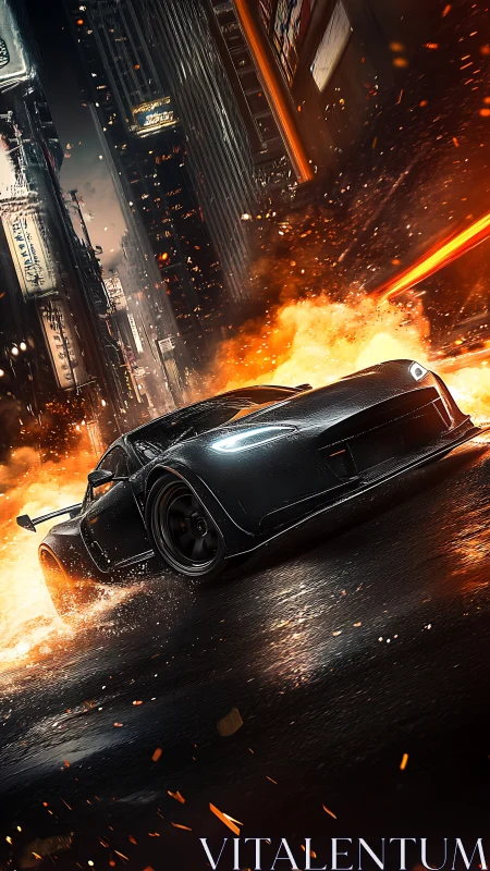 Aerodynamic black supercar drifts through urban firestorm at speed