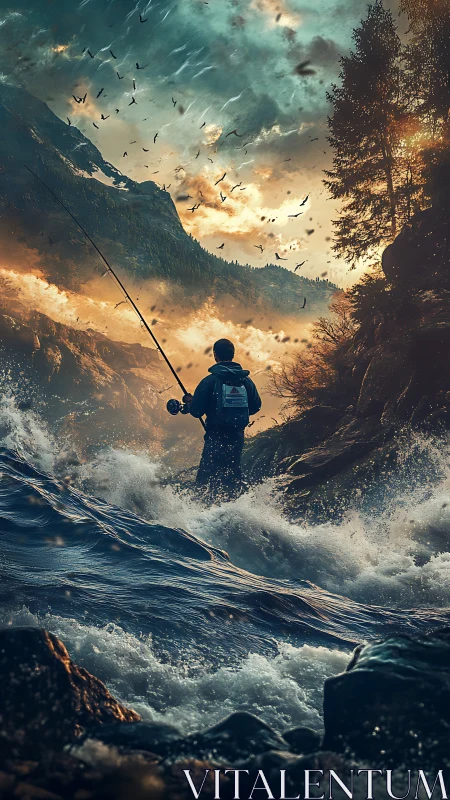 Solitary angler confronts storm-lit mountain river surge.