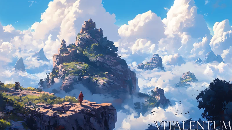Solitary traveler surveys cloud-swept citadel peaks in daylight
