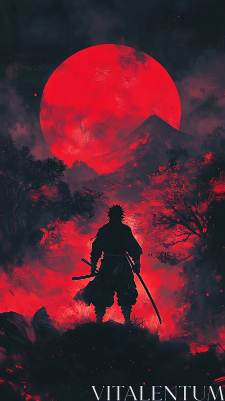 Lone samurai silhouette under burning crimson moon