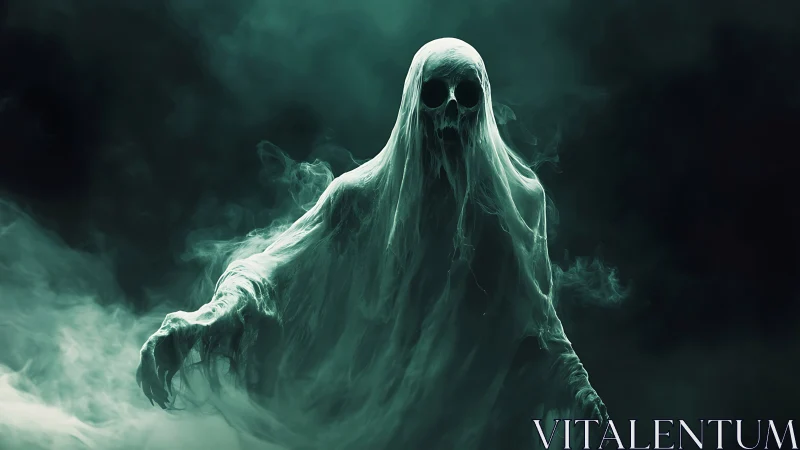 Ethereal skeletal wraith materializes from volumetric green mist