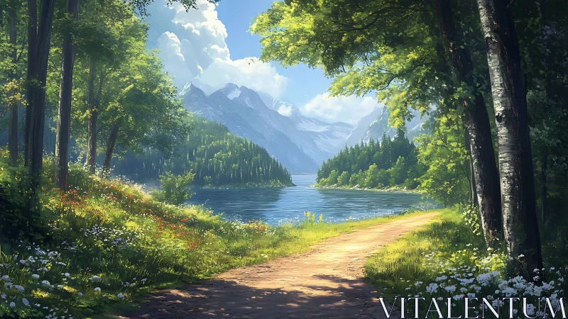 Digital painting landscape with alpine lake and forest path.