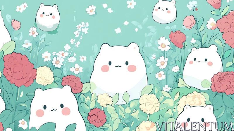 Kawaii Bear Characters in Botanical Garden Composition.