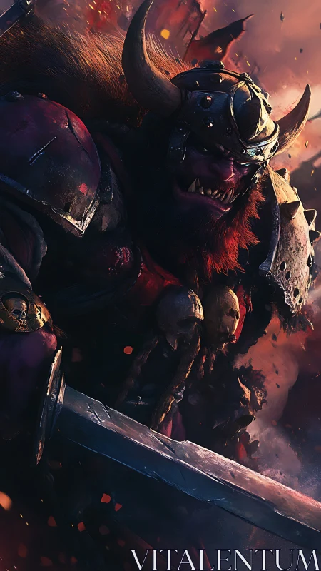 Battle-scarred horned warrior strides through a blazing siege