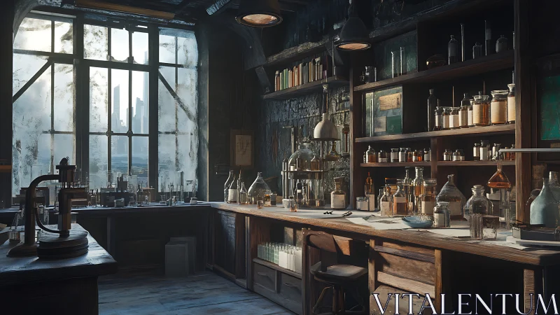 Vintage chemistry lab interior with frosted city window.