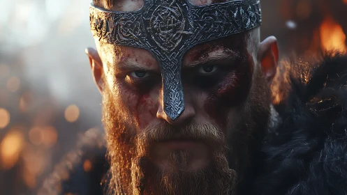 Battle-scarred Viking warlord glares through runic iron crown.