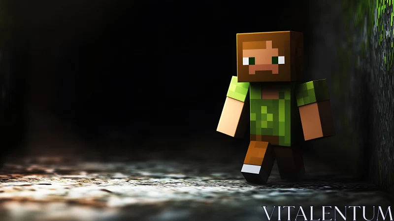 Blocky game character walking through dark stone tunnel.