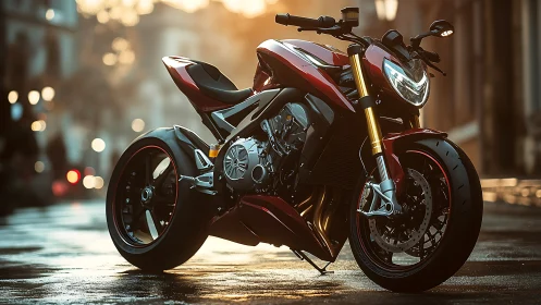 Sunlit street superbike in cinematic urban perspective.