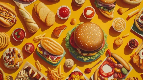 Fast food assortment fills frame with burgers and hot dogs