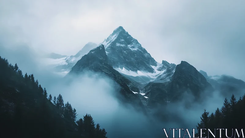 Snowcapped mountain peak rises above dense valley mist