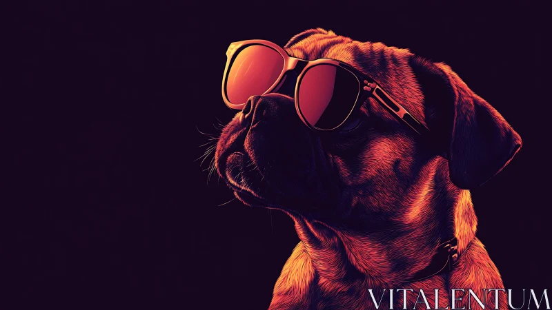 Stylish pug wears neon sunglasses against deep shadows.