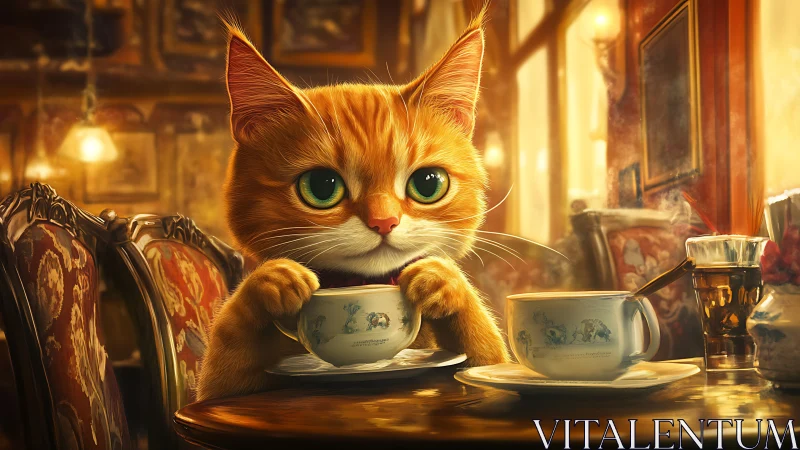 Golden-Furred Feline Portrait in Ornate Interior Setting.