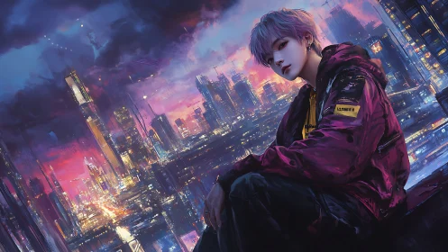 Neon skies and quiet thoughts above a glowing cyber city.