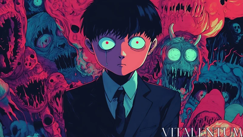 Haunted boy in suit amid neon surreal horror entities.