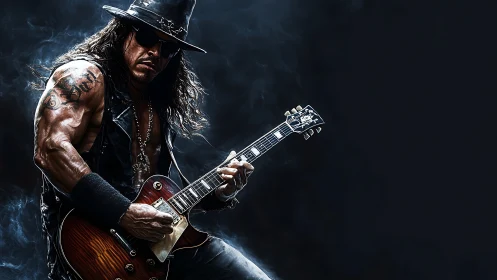 Rock guitarist in hat with electric guitar on dark background.