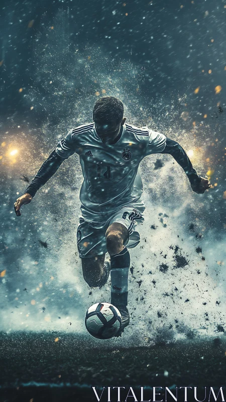 Dynamic low-angle portrait freezes explosive football sprint