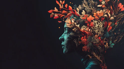 Floral-infused female profile emerging from darkness.