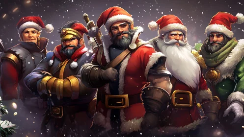 Battle-hardened Santa warriors stand under falling snow.