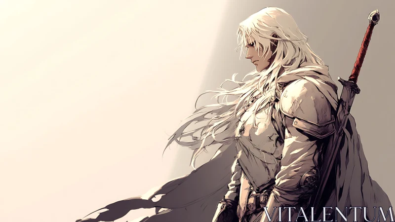 Wind-scoured pallid knight in profile with sheathed longsword.