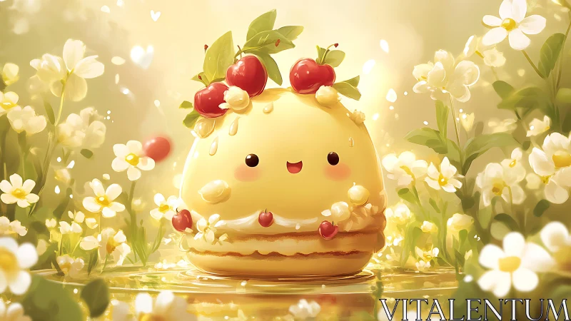 Cheerful Cheese Character with Apple Crown in Floral Garden.