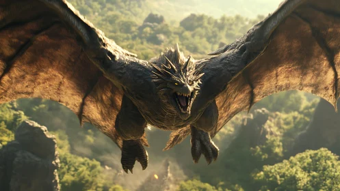 Fierce dragon in flight over lush green canyon landscape.