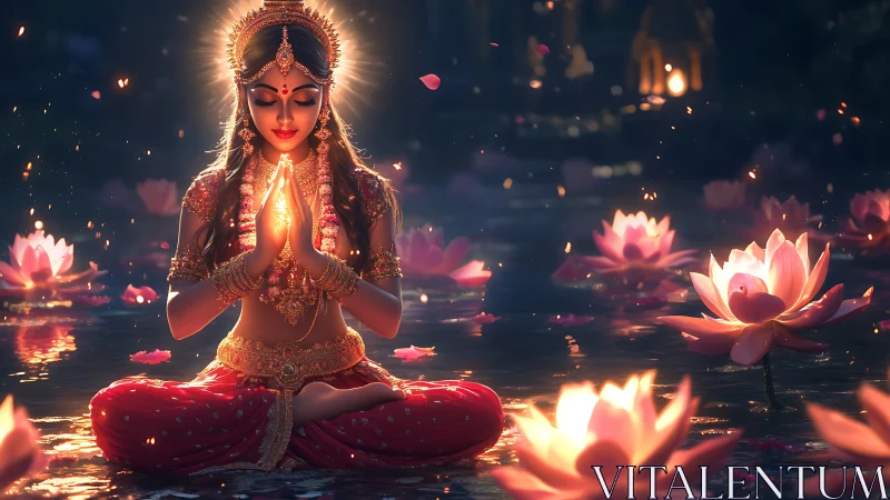 Luminous meditative goddess amid volumetric lotus reflections.