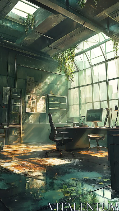 Sunlit studio office with lush indoor greenery and glass roof.