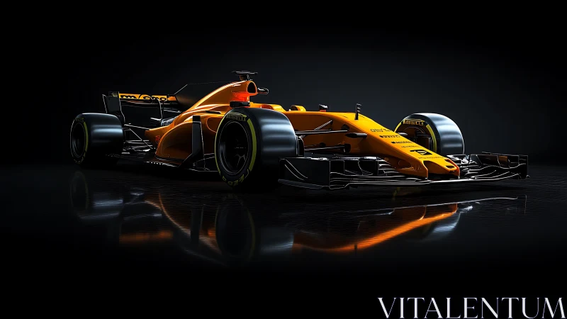 Orange Formula 1 race car rendered on reflective black studio.