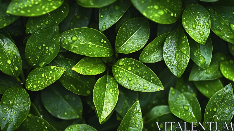 Macro foliage study with dewdrops on glossy green leaves.