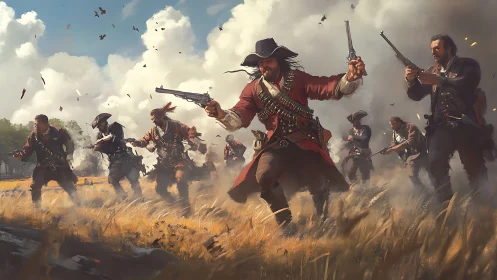Historical musketeers charge through smoke in dynamic digital painting