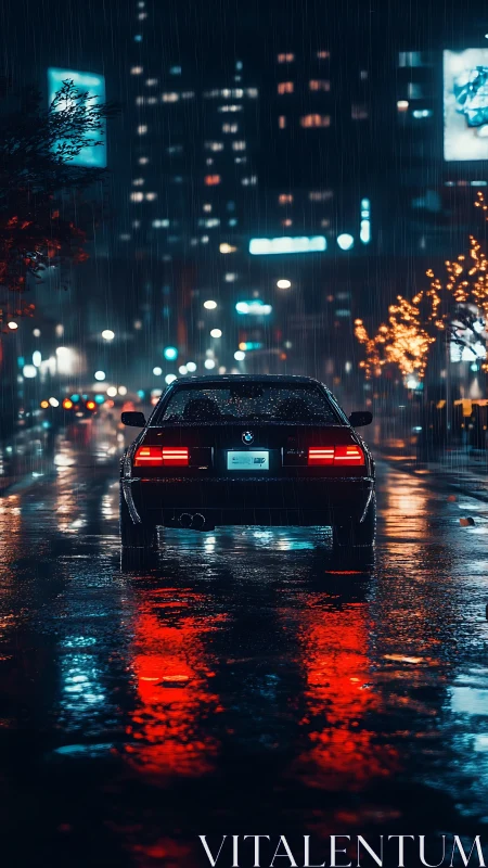 Sports car glows through neon reflections on rainy city street