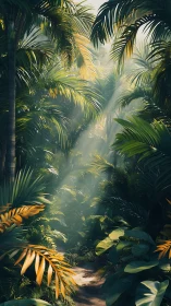 Sunlit jungle path amid dense tropical foliage canopy.