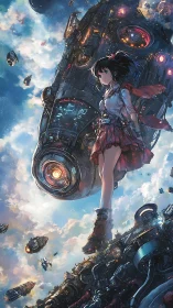 Sky-striding star girl above a drifting mech armada.