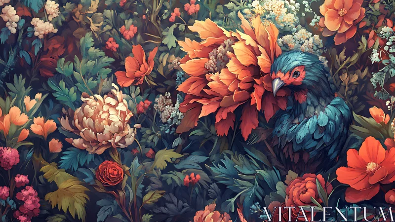 Digital Illustration: Teal Bird Nested in Dense Floral Arrangement.