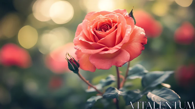 Coral rose macro portrait in soft bokeh garden light.