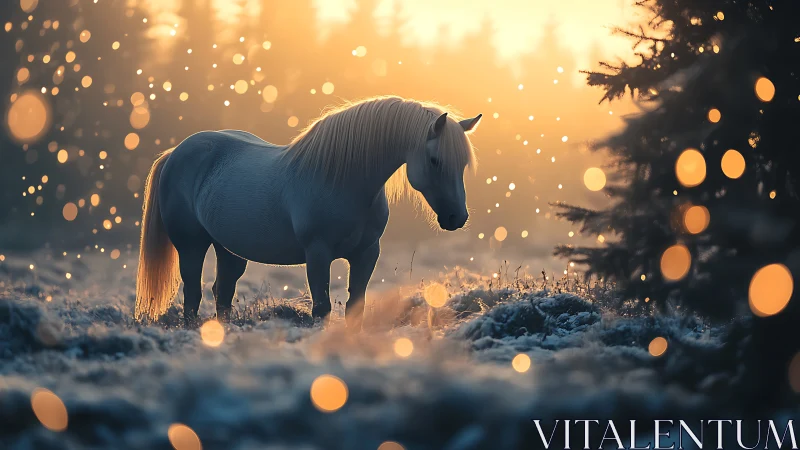 White horse stands in golden winter forest bokeh glow.