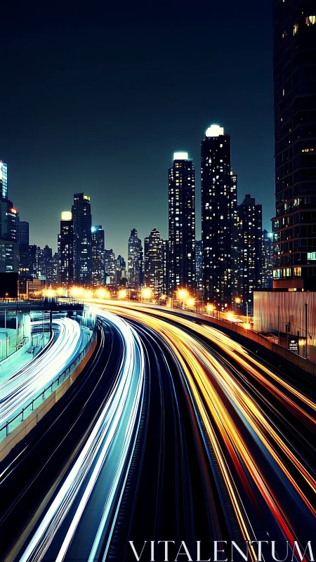 Neon river highways slicing through midnight glass towers.