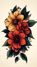 Floral bouquet illustration with bold orange and gold blooms.