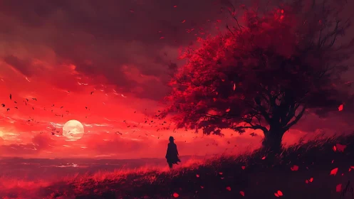 Silhouette beneath red tree against dual suns horizon.