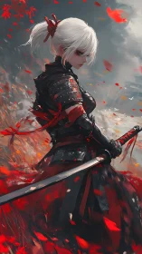 Solitary white‑haired samurai stands amid storm of scarlet leaves