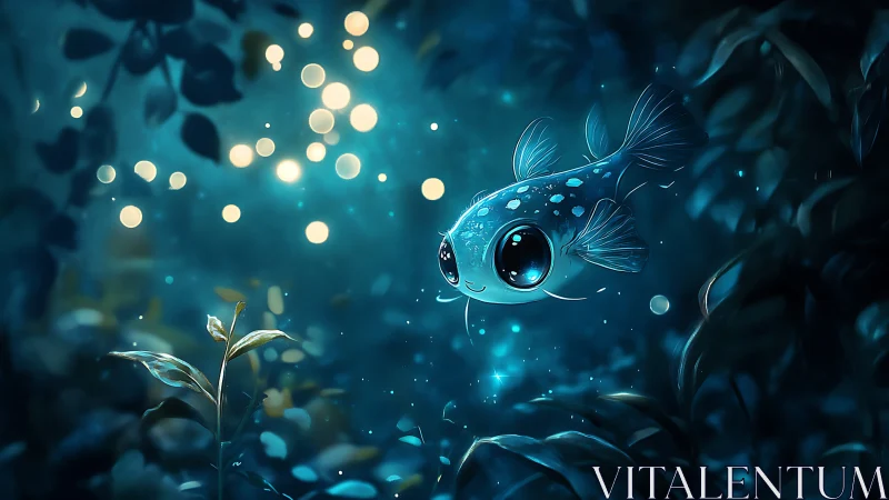 Bioluminescent microfish surveying bokeh lit aquatic undergrowth.