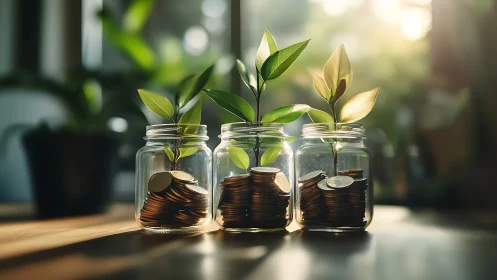 Sunlit coin jars sprouting hopeful green financial growth.