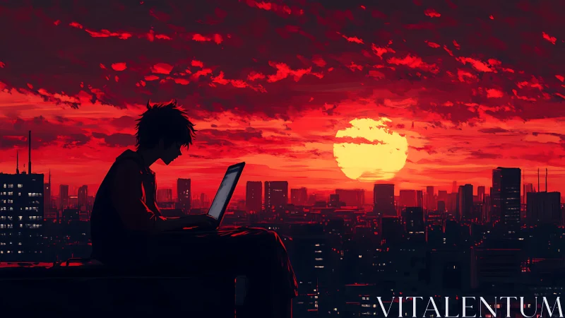 Silhouetted rooftop coder contrasts neon-red city and solar disk