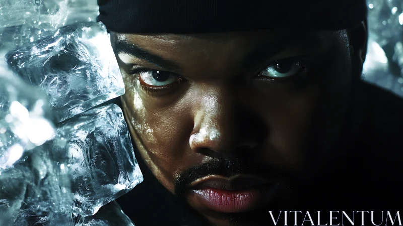 Close male face framed by large ice blocks in low light.