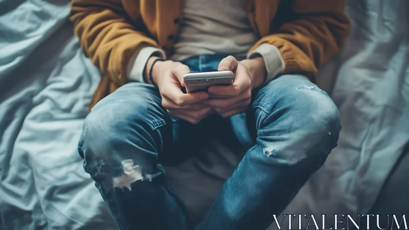 Casual seated user typing on smartphone in soft window light.