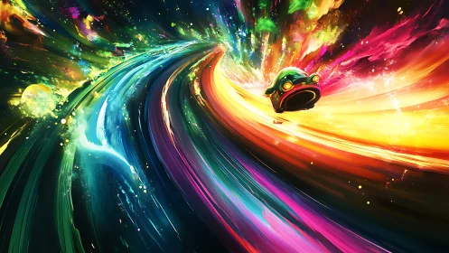 Cosmic racer curves through luminous multicolor nebula highway