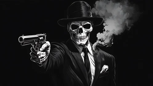 Skeletal noir gunslinger in monochrome ballistic perspective.